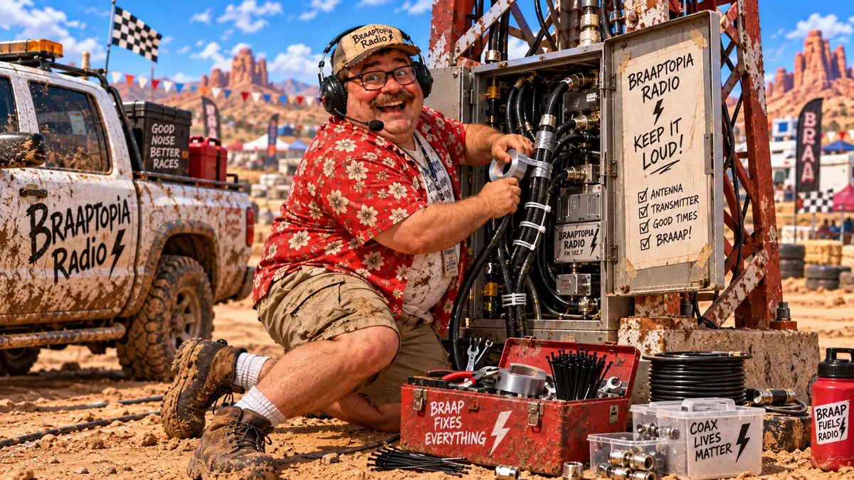 Radio Guy beside a station pickup at a trackside remote