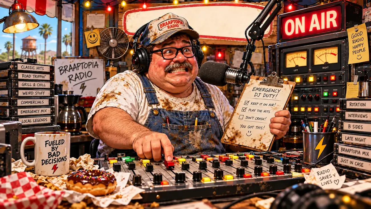 Radio Guy at the board with an emergency DJ duty clipboard