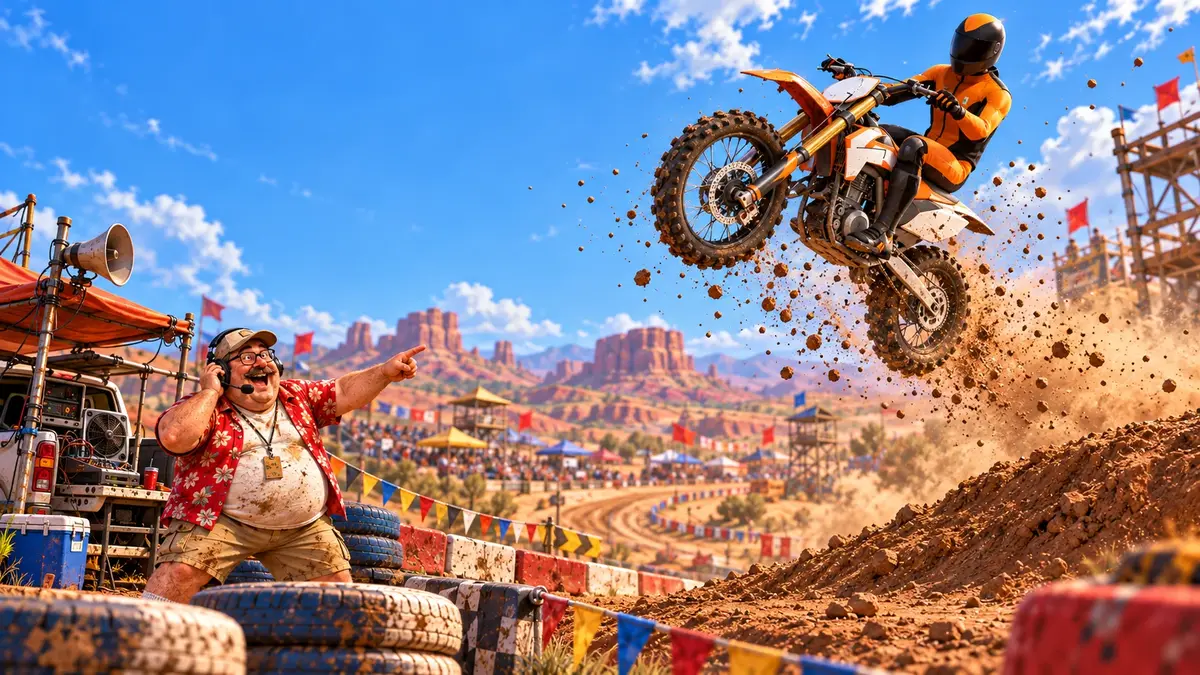 The dirt bike in the air above Radio Guy