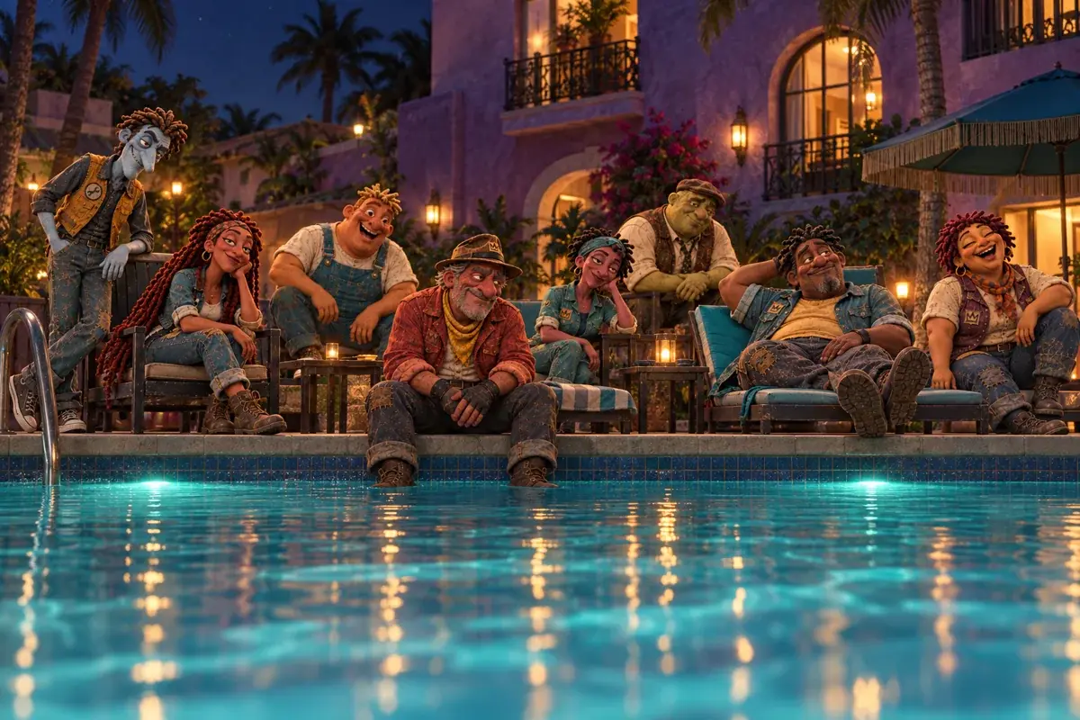 The band on the loungers by the pool at night