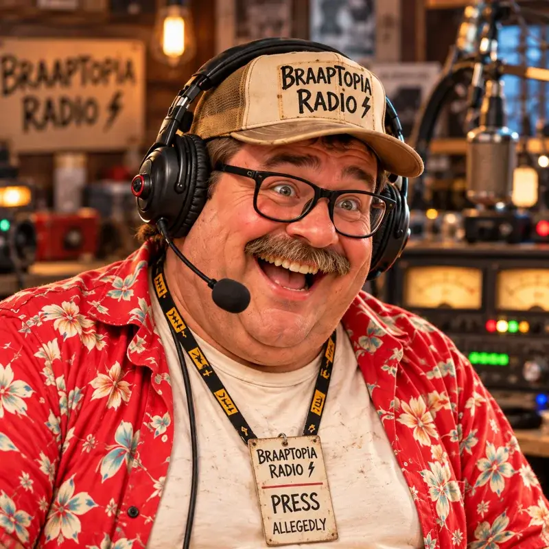 Radio Guy in his headset and Braaptopia Radio cap, press badge reading ALLEGEDLY
