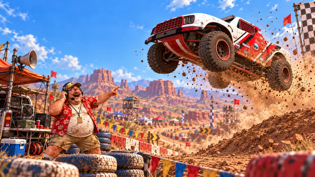The trophy truck in the air above Radio Guy