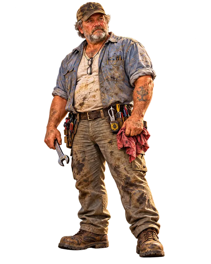 Webb Whitley with a wrench and a rag