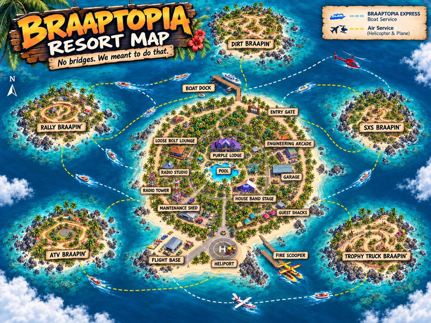 Illustrated Braaptopia Resort archipelago map showing the main resort, Braaptopia Express, Air Service, and the five Braapin’ outer islands.